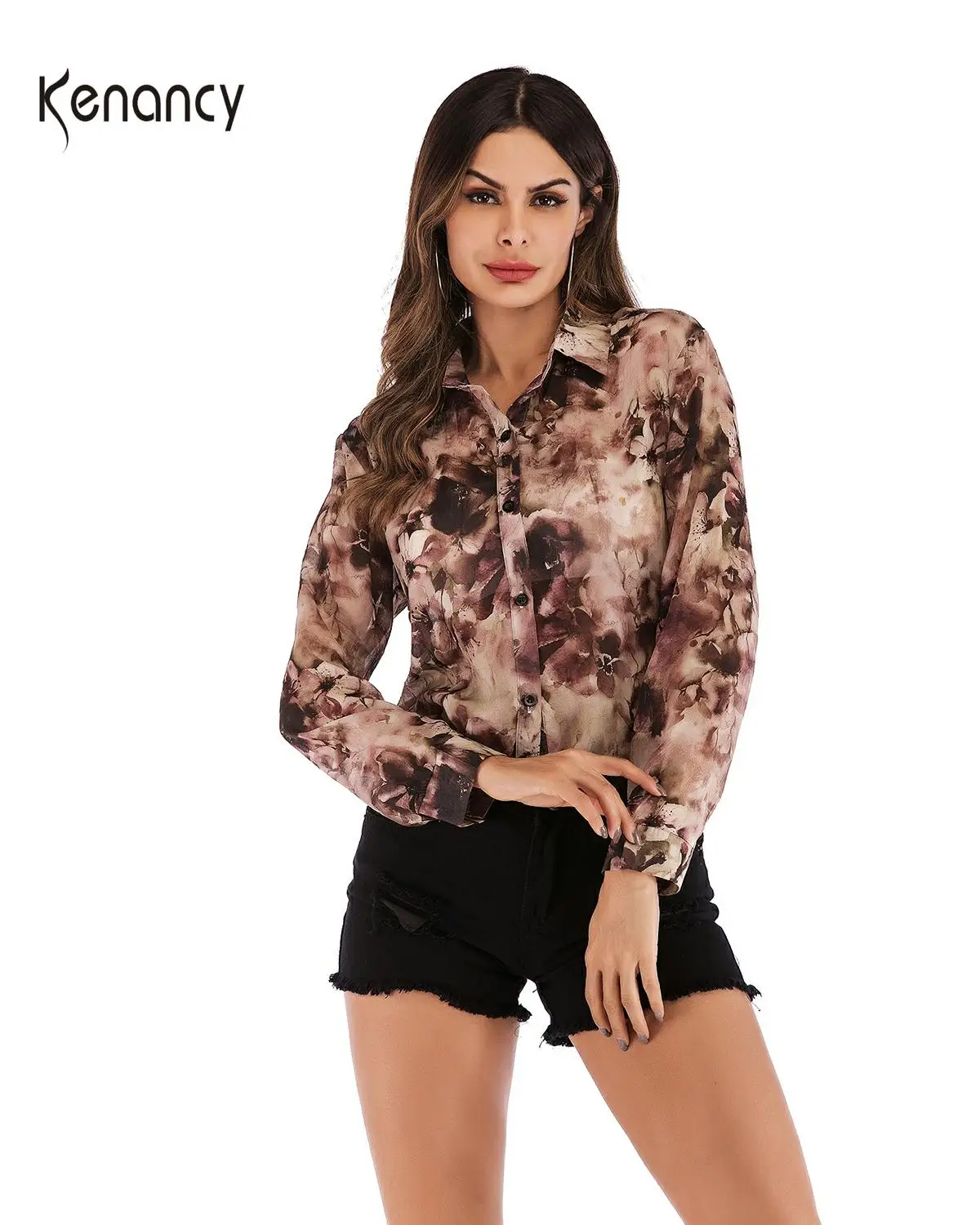 Блузка женская шифоновая с цветочным принтом однобортная на весну/осень|Блузки| |