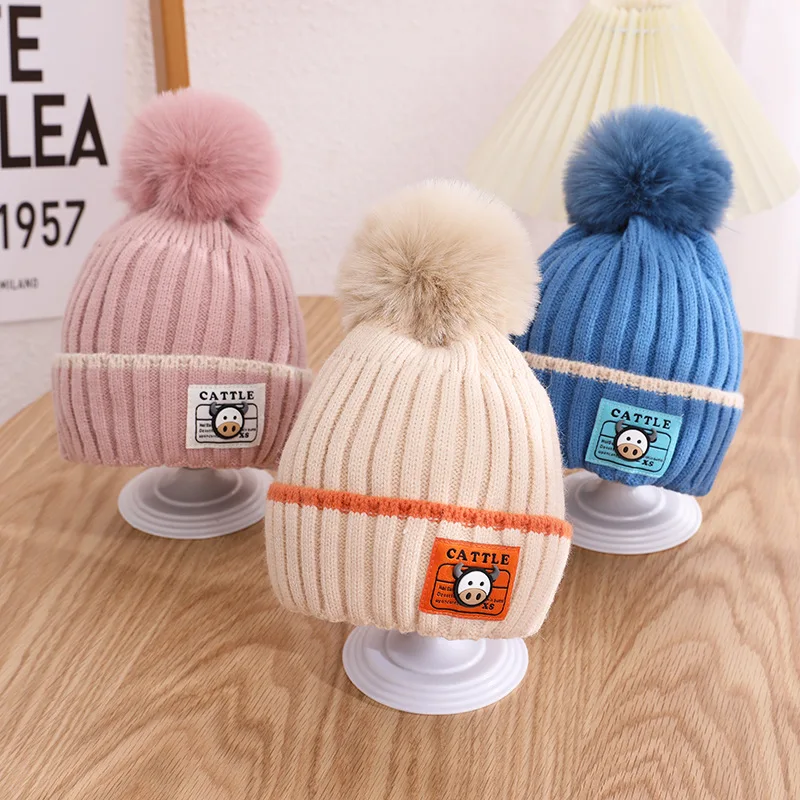 Зимняя однотонная модная Шапка-бини для девочек теплые вязаные шапки мальчиков