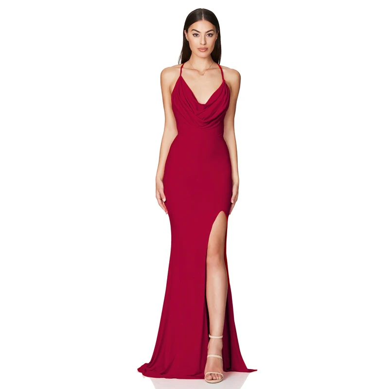 Cowl Neck Backless Sexy Long Solid Evening Party Dress Sleevelss Split Side Stretchy Pleated Maxi Gown Nice Summer