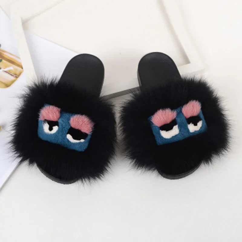 Тапочки с натуральным лисьим мехом Маленький Монстр женская модная Уличная