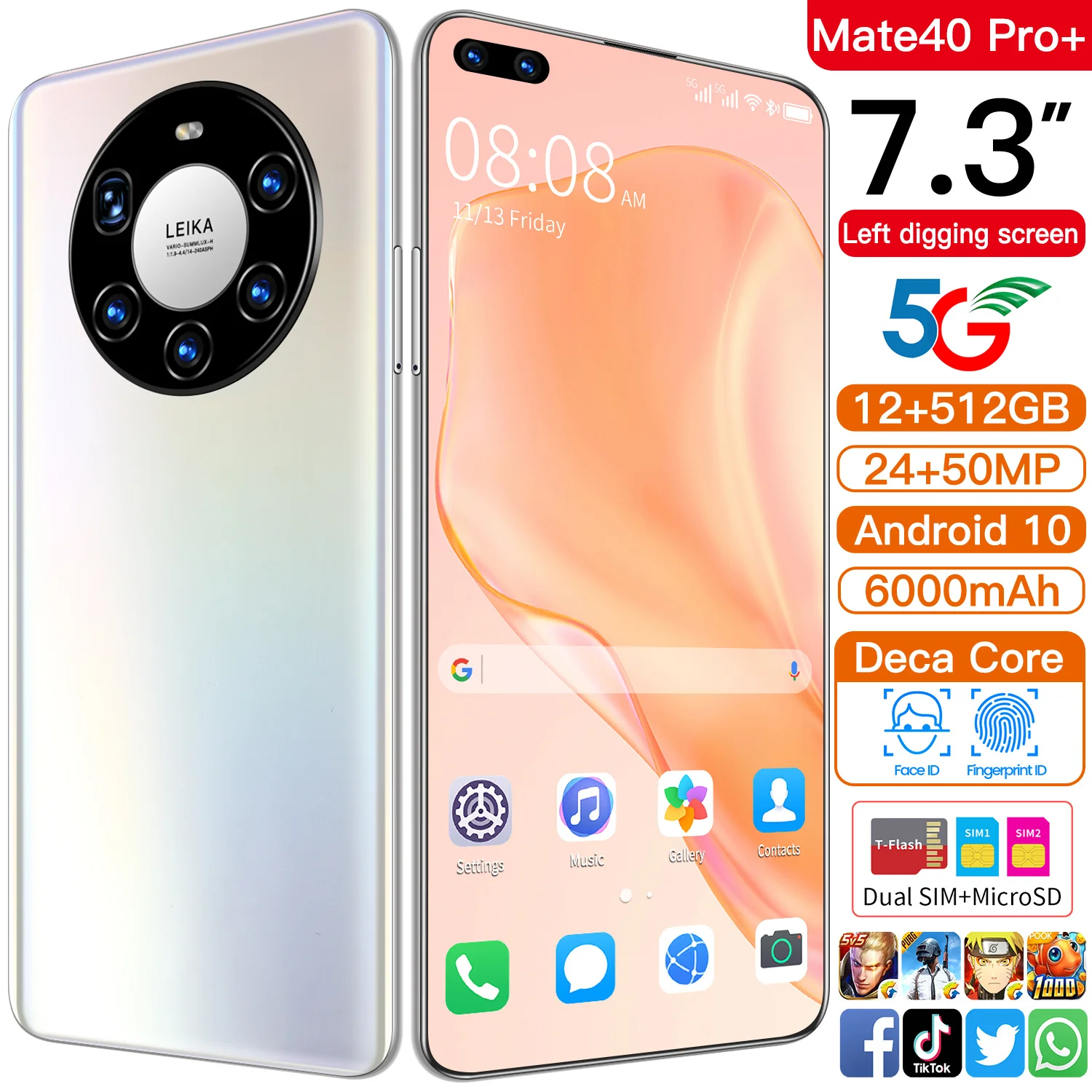 

Global Version Mate40 Pro 6000mAh Cellphone Face ID Screen Smartphone 7.3 Inch Cellphone Snapdragon888 24MP 50MP 12GB 512GB