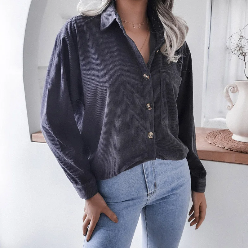 

2021 Autumn New Casual Loose Single-Breasted Women's Shirts Elegant Fashion Corduroy Long-Sleeved Blouse Office Lapel Solid Tops