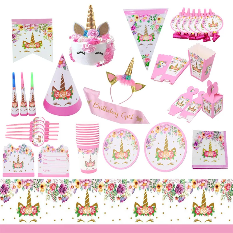 

Unicorn Decoration Birthday Party Disposable Tableware For Baby Shower Girl First Birthday Gold Unicorn Cake Decor Party Supplie