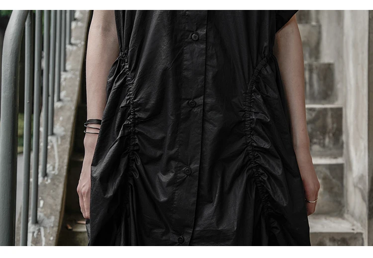 [EAM] New Spring Summer Lapel Short Sleeve Black Irreuglar Fold Split Joint Loose Shirt Dress Women Fashion Tide JX113
