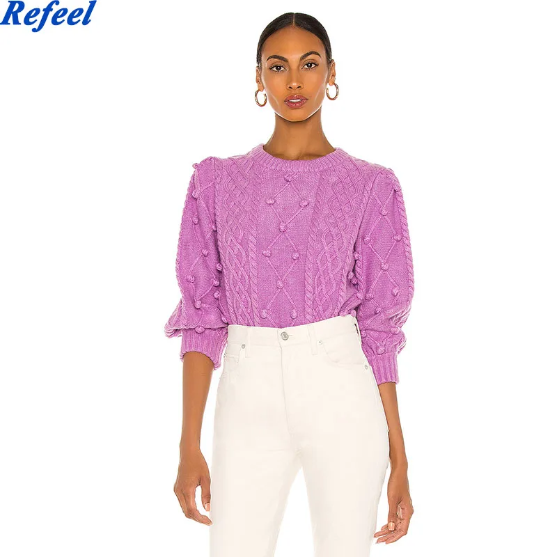 

Autumn French Style 3D Ball Twist Striped Knitted Sweater Vintage Woman Long sleeve Jumper Pullovers Short Knitwear