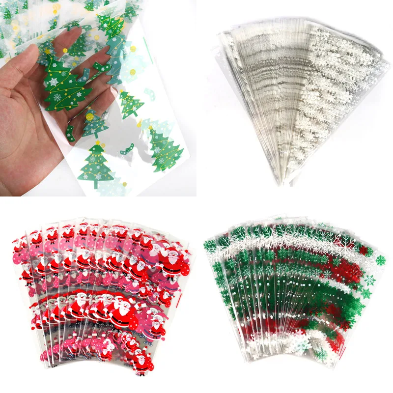 

100pcs Christmas tree snowflake Santa Claus print plastic candy bags natal merry Christmas decor for home gift packing navidad