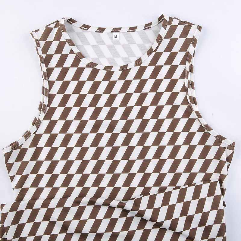 

Summer Sexy Bodycon Dress Brown Plaid Sleeveless Slim Party Dresses for Women Casual Elegant Pullover Vintage Mini Dress Female