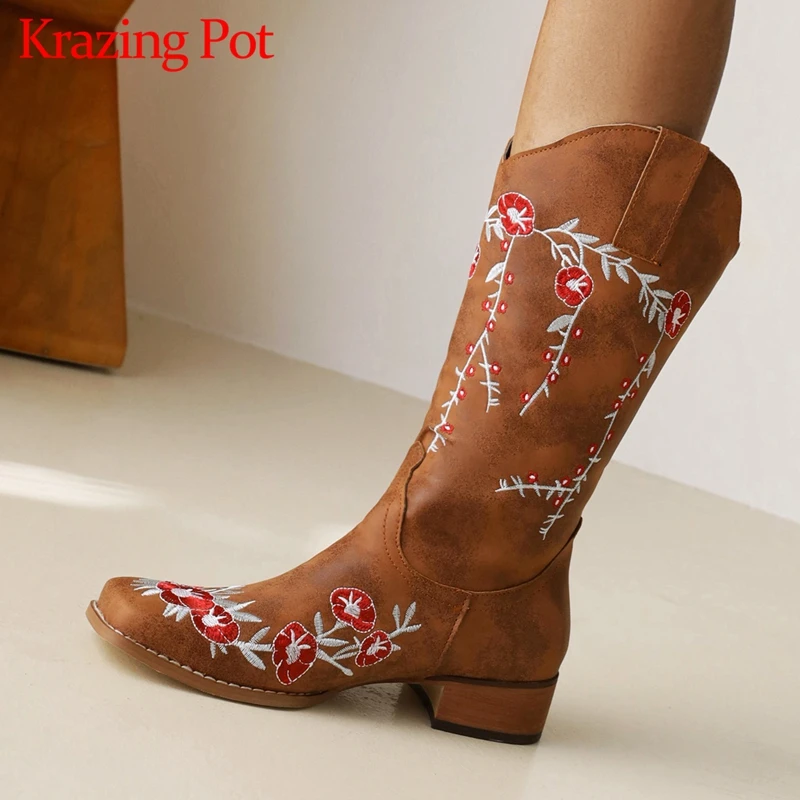 

Ботинки Krazing Pot на среднем каблуке, винтажные сапоги до бедра из микрофибры, с квадратным носком, с вышивкой, в богемном стиле, зимние, большие...