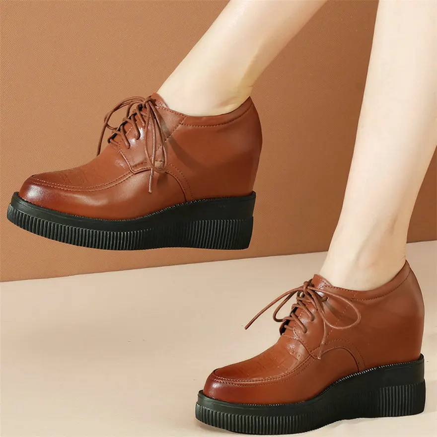 Casual Shoes Women Genuine Leather Wedges High Heel Ankle Boots Female Lace Up Pointed Toe Fashion Sneakers Low Top Trainers