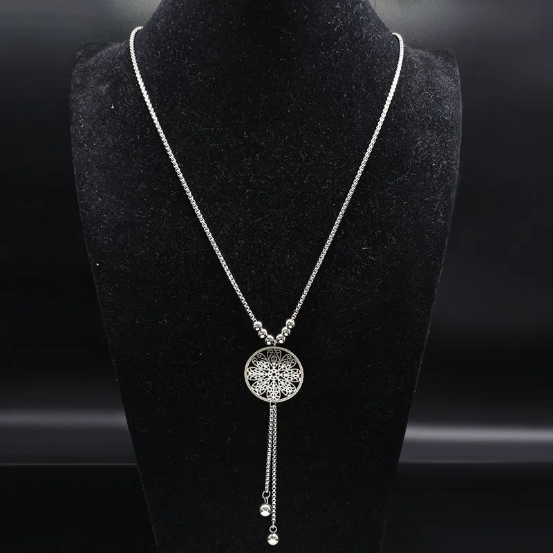 

Flower Stainless Steel Pendant Necklace Women Silver Color Long Necklace jewellery Christmas Gift gargantilla N17972S05