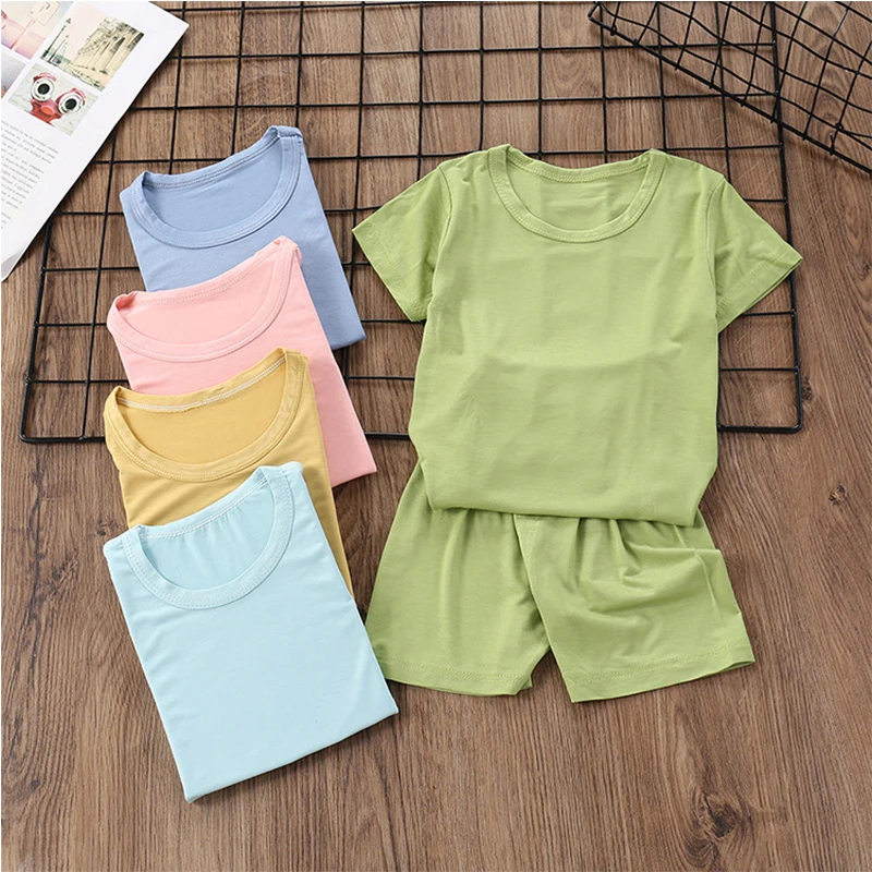 

New Summer Short Sleeve Pajamas For Boys Girls Children's Clothing Set Top+Pants 2 Piece Suit Sleepwear Solid Color Pyjamas Kids
