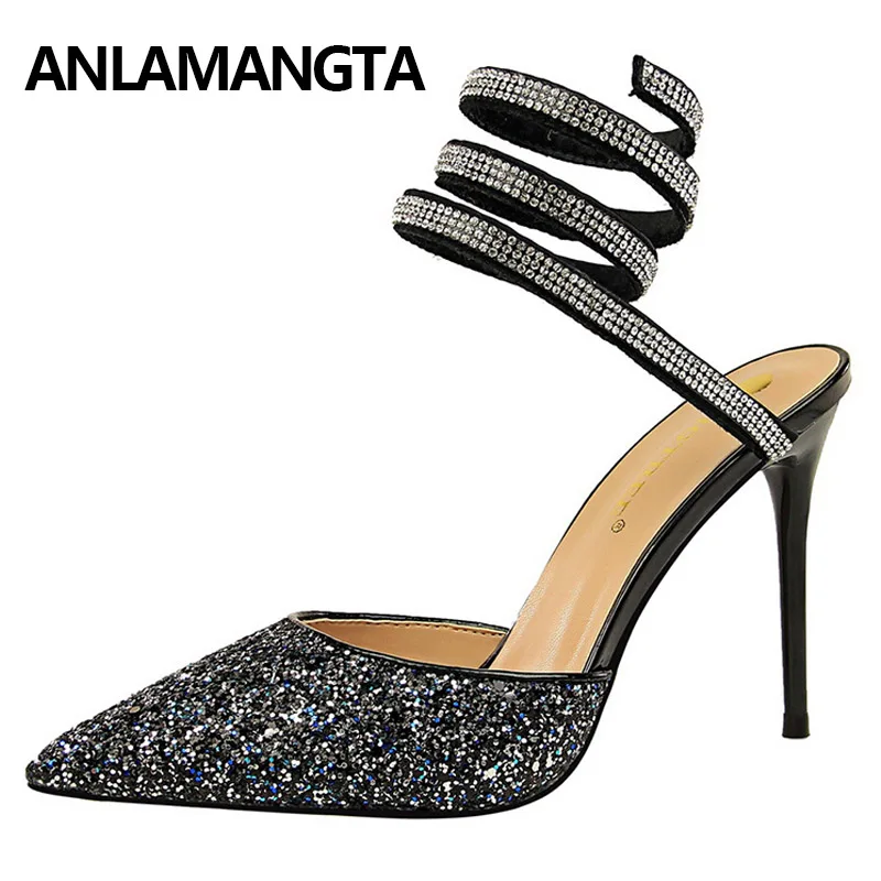 Модная женская пикантная обувь на очень высоком каблуке с блестками для