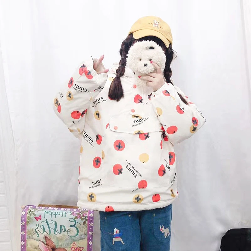 

HWLZLTZHT Winter Parkas Kawaii Jacket Hooded Print Cotton Padded Coats 2020 New Japanese Outwear Loose Coat
