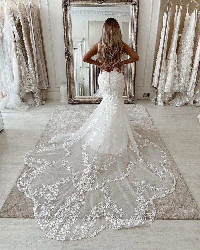 

Backless Wedding Dresses Mermaid Scoop Tulle Appliques Lace Boho Dubai Arabic Wedding Gown Bridal Dress Vestido De Noiva