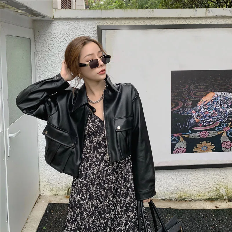 

Leather Jacket Women Korean High Street Moto Biker Zipper Jacket Female 2021 Spring Loose Streetwear Large Size Women's Clothing