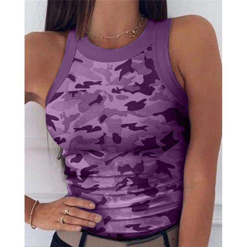 

2021 Summer Women Print Top Fashion Women Casual Army Camo Camouflage Tank Sleeveless O-neck Slim Vest T-Shirts Plus Size S-2XL