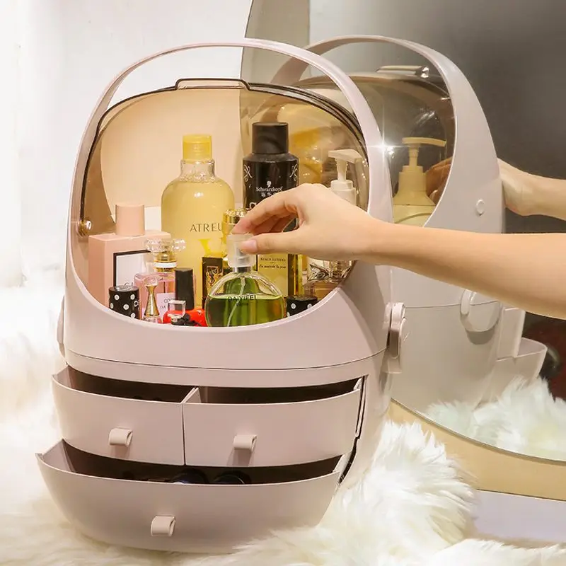 Clamshell 3 ящика туалетный столик округлый макияж коробка для хранения Портативный косметический ящик для ювелирных изделий водонепроницаемый пылезащитный с крышкой