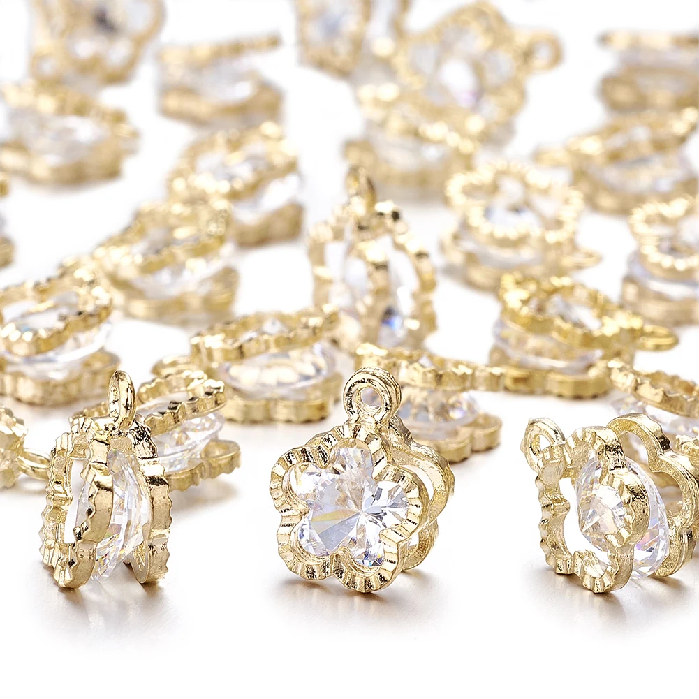 

100pcs Small Alloy Crystal Charms Golden Flower Pendant with Shiny Cubic Zirconia for Jewelry DIY Earrings Necklace 2x9x5mm