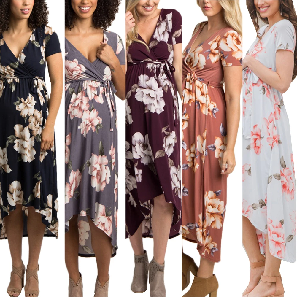 

Pregnant Womens Floral Short Sleeve V-Neck Long Dress Maternity Maxi Sundress