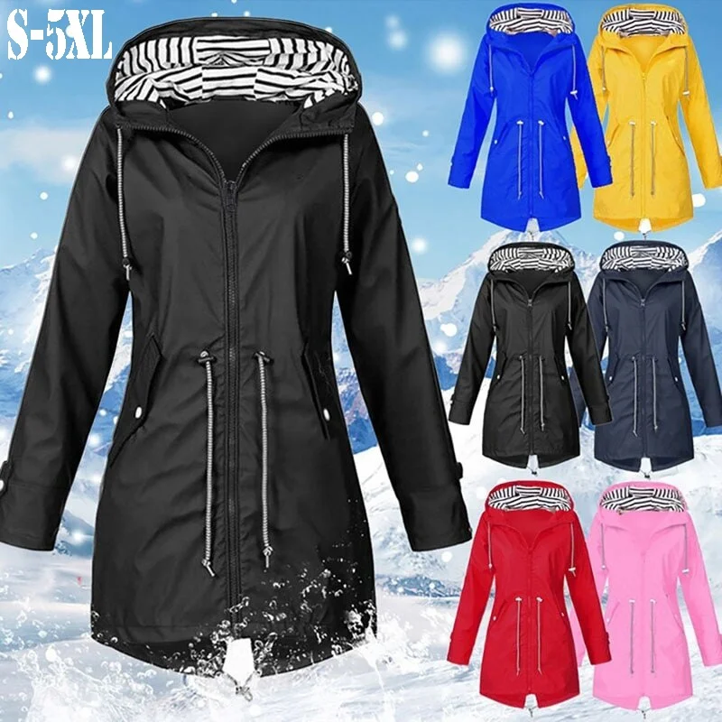 NEW Women Fashion Raincoat Outdoor Camping Windproof Jacket Hiking Lightweight Hooded Coats Casual Windbreak S-5XL