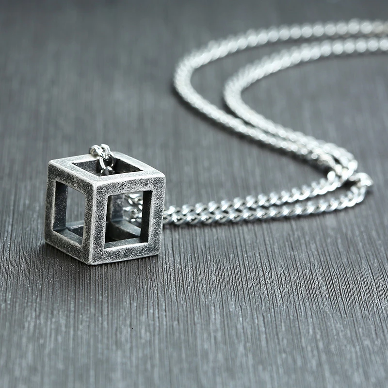 Men Rock Punk Cube Shaped Pendant Necklace 4 Colors Stainless Steel Casual Male Jewelry with 24&quot Curb Chain | Украшения и