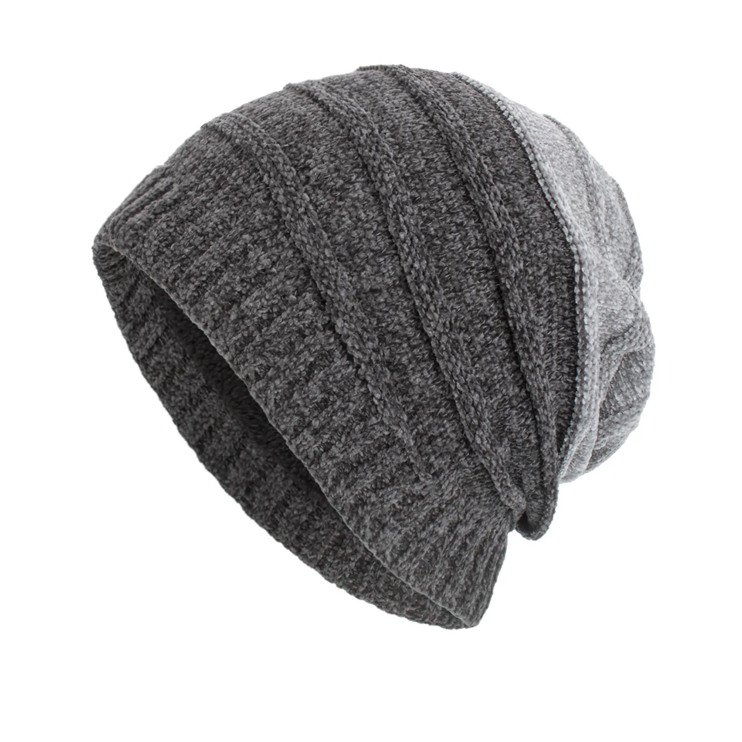 

Autumn and Winter New Chenille Two-Color Horizontal Strip Long Sleeve Cap Knitted Woolen Cap beanie hats Cotton Adult