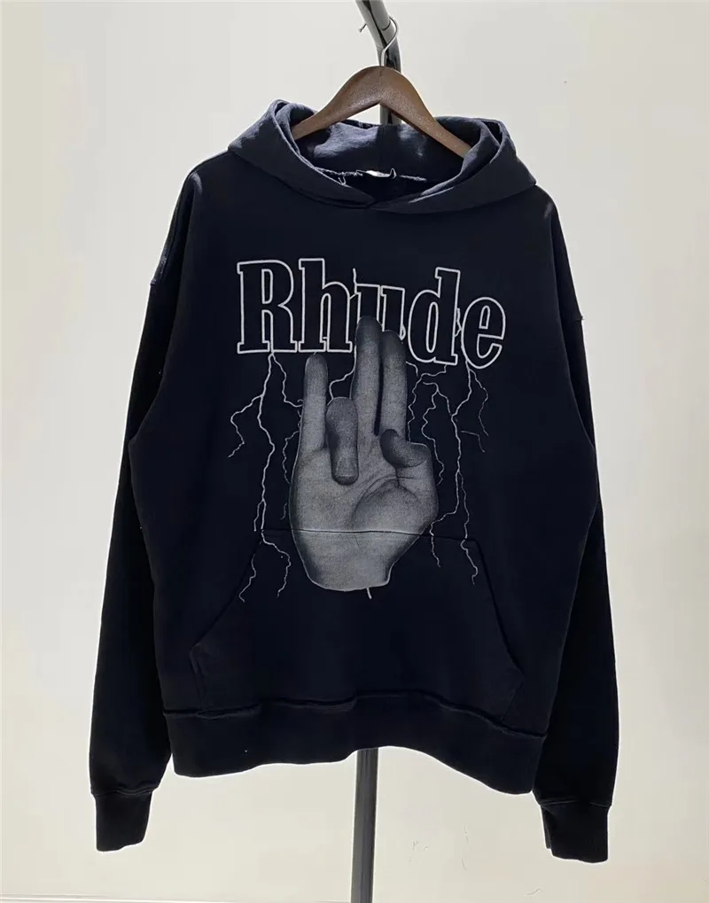

20fw Rhude Hoodie Hooded Men Women Best Quality Vintage Gesture Lightning Digital Rhude Shocker Pullovers Japanese Streetwear