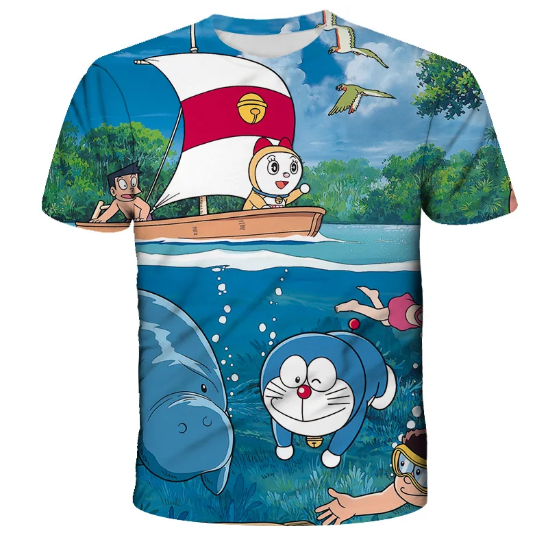 

2021, футболка Doraemon для мальчиков и девочек, милая футболка с 3D-принтом, круглый воротник, короткие рукава, подарок на день рождения, мультяшна...