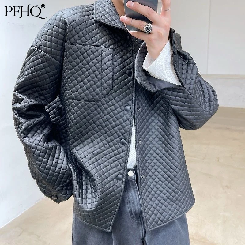 Куртка мужская черная однобортная в клетку из ПУ кожи на осень/зиму | Мужская