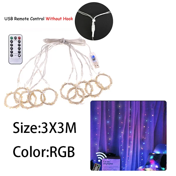 3X3M RGB Сказочная светодиодная гирлянда-штора, гирлянда, гирлянда, 3x3 м, Рождественский декоративный светодиодный гирлянда, рождественские вечерние, для сада, свадьбы, спальни, INS, перья, свет - Испускаемый цвет: 3X3M RGB