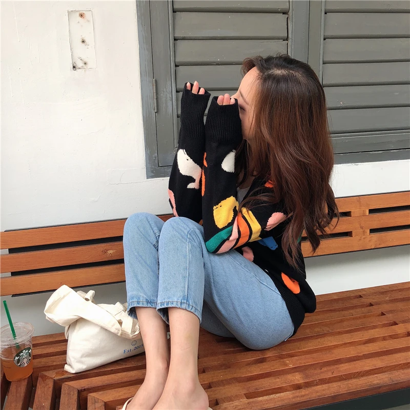 2019 autumn Colorful cartoon pocket sweater womens knitted cardigans coat (B8693) |