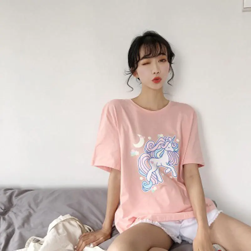Лето 2020 футболка для женщин единорог с о образной горловиной и