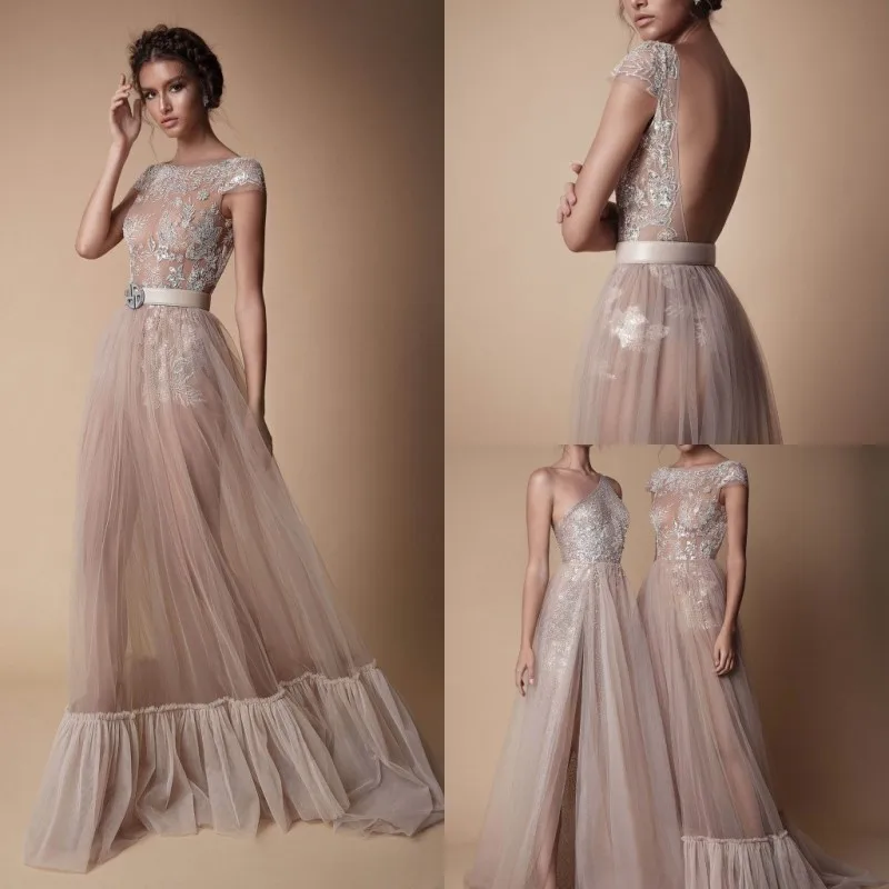 

2020 Evening Dresses Jewel Capped Sleeves Lace Appliques Special Occasion Gowns Sexy Backless Sweep Train Prom Dress