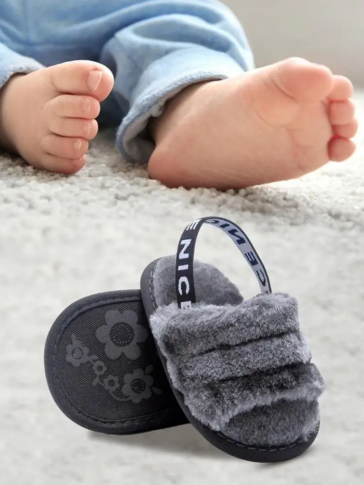 

Для малышей, для девочки Тапочки из искусственного меха Босоножки с открытыми носками с Эластичный ремешок на мягкой плоской подошве с отде...