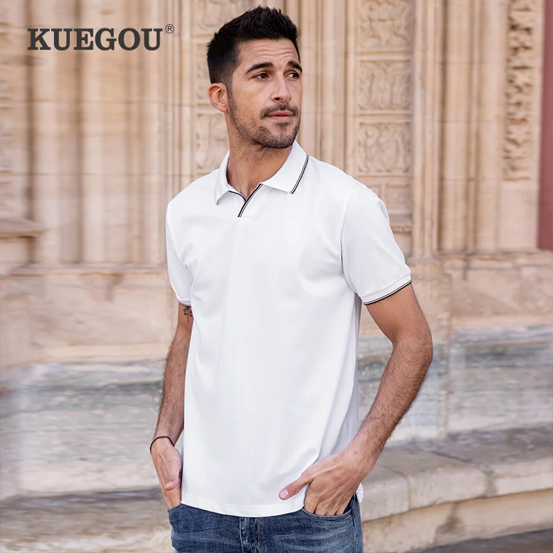 

Мужская рубашка-поло с коротким рукавом KUEGOU, белая однотонная приталенная рубашка-поло с лацканами, лето