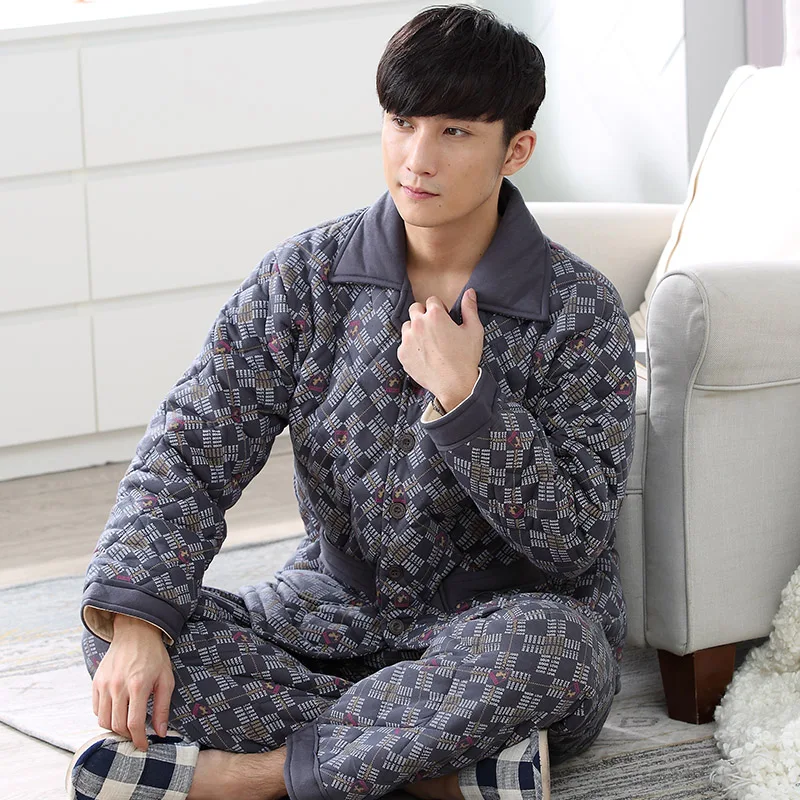 Men Pajama Set Pyjamas Suits Winter Three-layer Quilted Thick Full Cotton Warm Sleepwear Night Suit 3XL Men Nightwear Loungewear