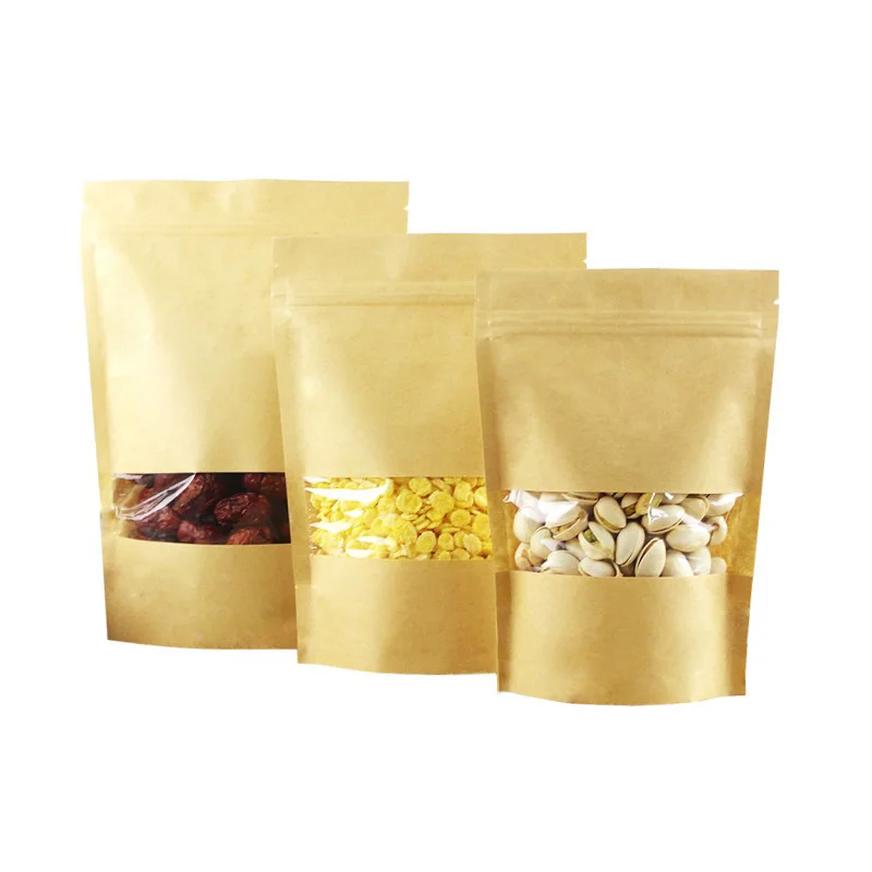 

100pcs Kraft Paper Bag Zip Lock Bag with Window Tea Packaigng Bag Sachet Kraft Bag Packaging for Nuts Snacks Sweets