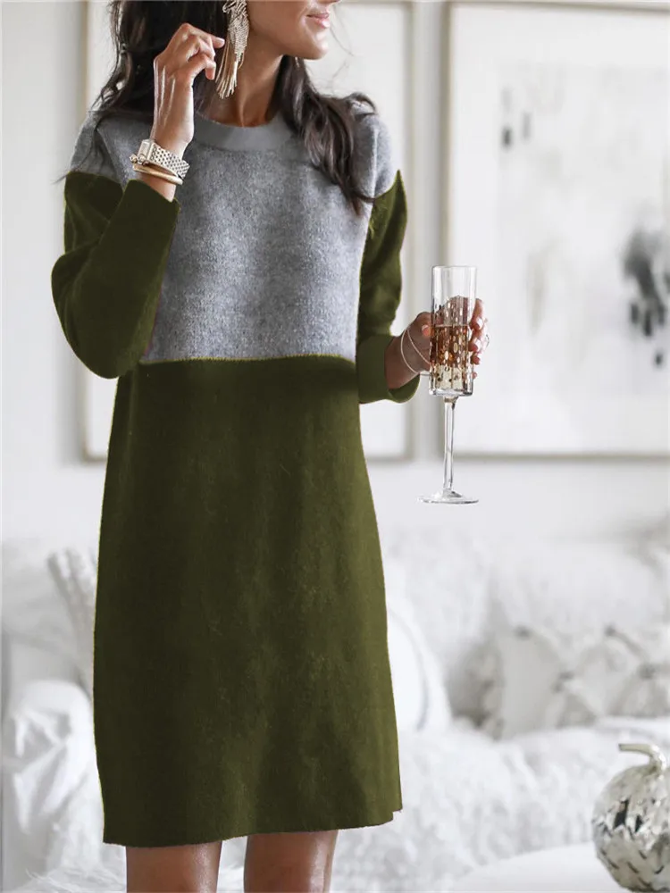 

2020 Woman Dress Newest A Line Long Sleeve Patchwork O-Neck Casual