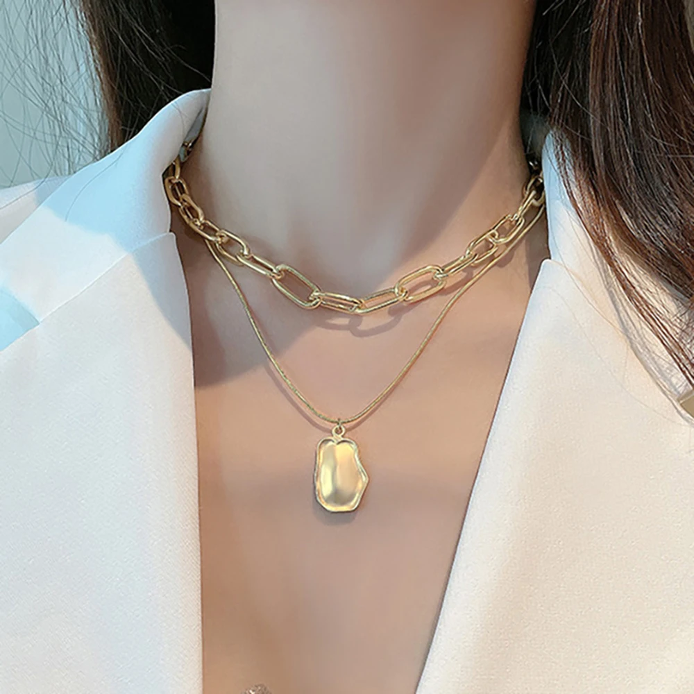

Kpop Fahion Double Layered Irregular Coin Necklaces Chunky Chain Hammered Round Disc Pendant Chokers Necklaces for Women Jewelry