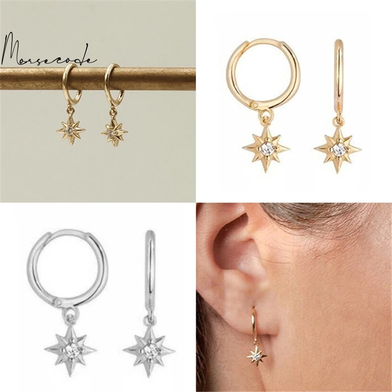 

MORSE CODE Trendy Punk Pendientes Earrings For Women 925 Sterling Silver CZ Dangle Puncture Hoop Earrings Fine Jewelry Plata De