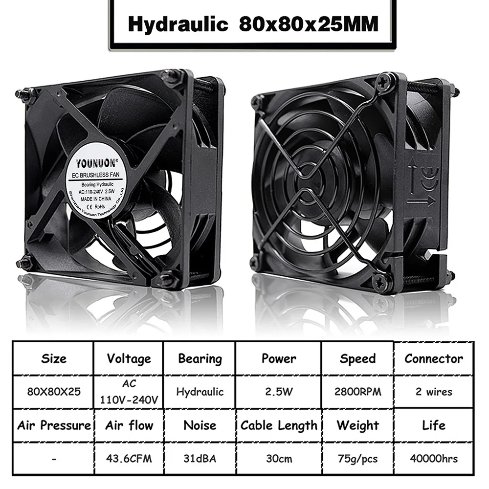 Fluid 80x80x25MM YOUNUON 60 мм, 80 мм, 90 мм 120 мм EC бесщеточный вентилятор AC 110V 115V 120V 220V 240V осевой вентилятор с Srews/гриль 6025 8025 9225 12025 12038 - Цвет лезвия: Fluid 80x80x25MM