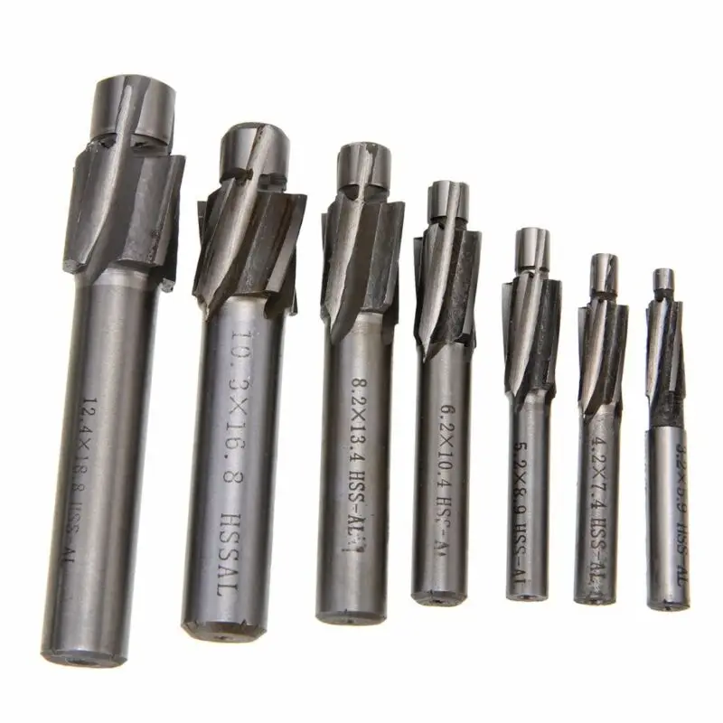 7pcs M3.2-M12.4 HSS Counterbore End Mill Pilot Slotting Tool Milling Cutter
