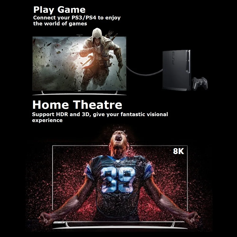 HDMI кабель 8K HDMI2.1 кабель 8K 60 Гц, HDMI кабель 4K 120 Гц, 48 Гбит/с, HDCP 2,2, 4:4:4 HDR, eARC совместим с ПК HDTV проектор