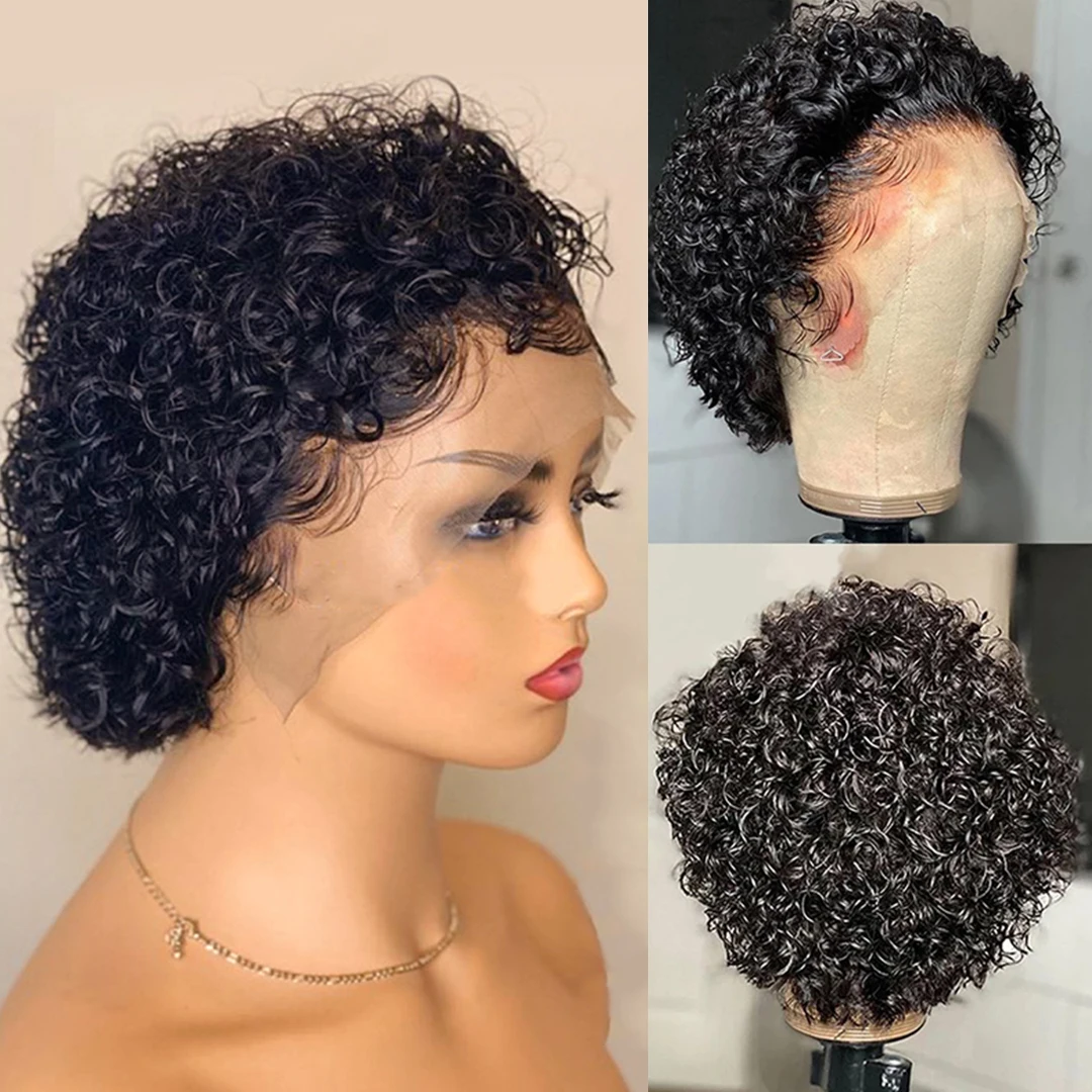 

Highlight Wig Human Hair Curly Bob Wig 13x1 Pixie Cut Wig Brown Colored Human Hair Wigs Transparent Preplcuked Wig For Women