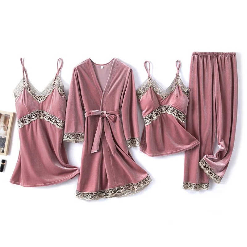 

2021 Gold Velvet 4 Pieces and 5 Pieces Warm Winter Pajamas Sets Women Sexy Lace Robe Pajamas Sleepwear Kit Sleeveless Nightwear