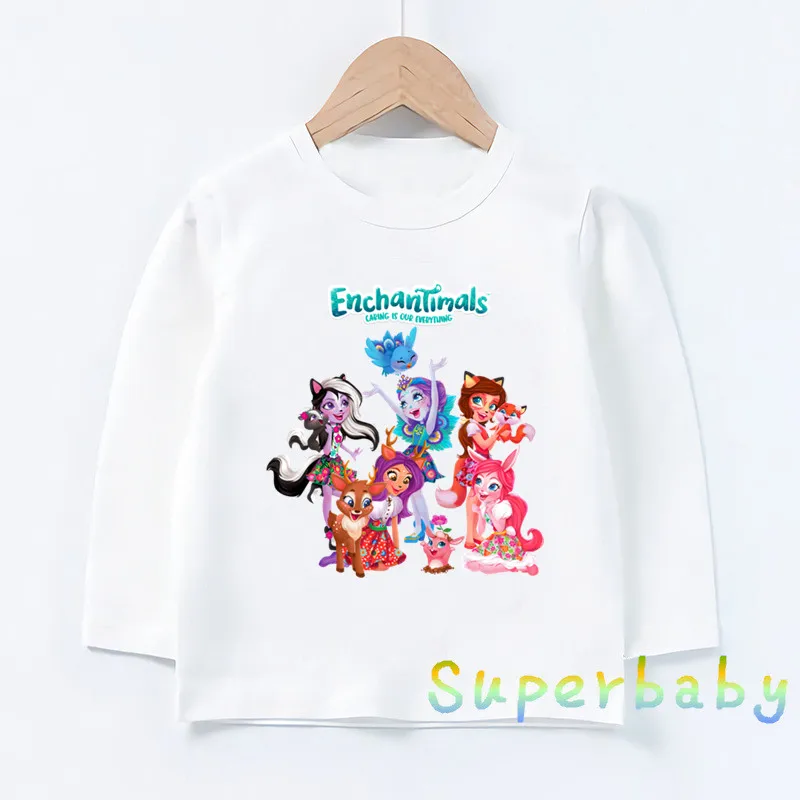 Детские Забавные футболки Enchantimals с мультяшным принтом для девочек, милая Одежда для девочек, детская футболка с длинным рукавом на весну и о...