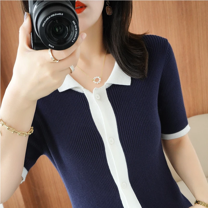 

100% cotton T-shirt summer new sweater ladies doll collar pullover Slim knit bottoming sweater short-sleeved women's plus size