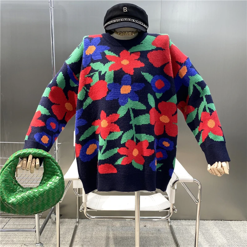 

Новый брендовый нишевый дизайн 2021, Свободный пуловер для ленивых, винтажный свитер с цветами, универсальный трикотажный топ средней длины с...