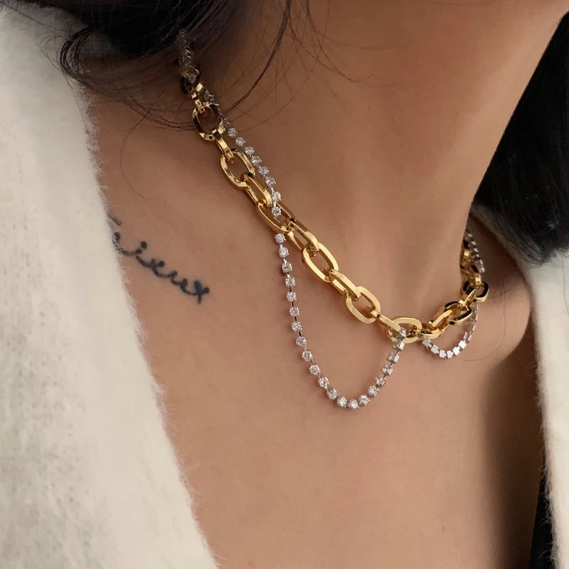 

Peri'sBox Gold Silver Color Mixed Chunky Chain Necklaces Rhinestone Tennis Chain Necklaces for Women Statement Layered Necklace