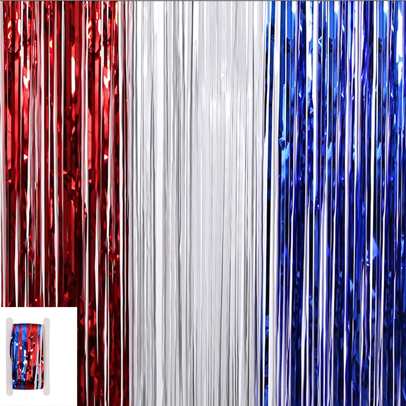 

4th of July Independence Day Blue White Red Foil Tinsel Fringe Curtain Backdrop for Veterans Memorial Day Patriotic Decorations